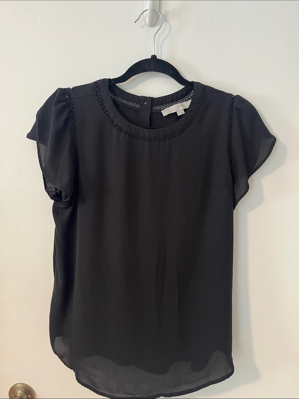 LOFT Black Short Flutter Sleeve Blouse with Crochet Trim